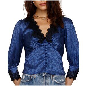 Heartloom Miriam Top size S small navy blue blouse black lace jacquard buttons